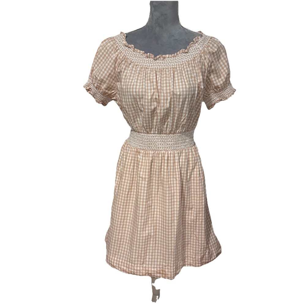 J Crew Smocked Puff Sleeve Midi Dress Small pink White Gingham Milkmaid Sz‎ M